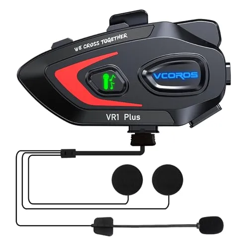 Motorrad Headset mit Gegensprechanlage,VR1 Plus Helm Headset Bluetooth Kommunikationssystem für 2 Personen in Innerhalb von 500m,IP56 Wasserdicht für Sprachanruf Musiksteuerung (1Pack Hard Mic)