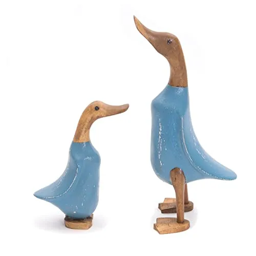 DESIGN DELIGHTS Enten HOLZFIGUREN Set Duck | Mahagoni, Teakholz, 33x20, bunt, 2-teilig | Deko Ente, Enten Skulptur, Holzskulptur, farbige Teak Dekofigur, Tierfigur | Farbe: blau