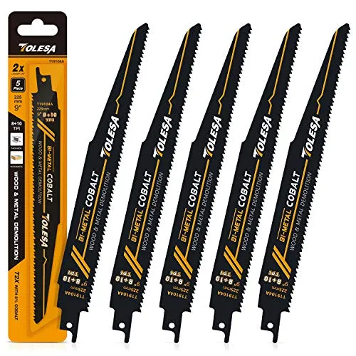 TOLESA Säbelsägenzubehör für Metall, Holz, 225 mm, 8 + 10 TPI zum Schneiden von Stahlrohren, Trockenbau, Spanplatten, glasfaserverstärktem Kunststoff und Verbundmaterialien, Abbruch, 5 Stück