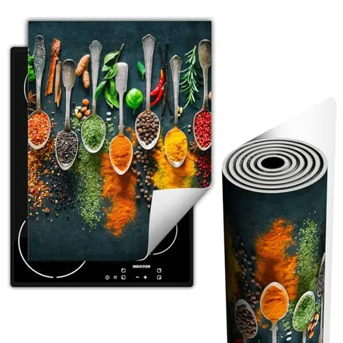 TMK ArtDeko Herdabdeckplatte Einteilig Küche Abdeckplatte für Ceranfeld Abdeckung Induktionskochfeld Aufrollbare Matte 40x52 cm, Gewürze Löffel