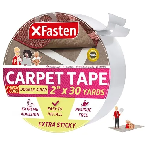 XFasten Super starkes doppelseitiges Teppichklebeband, extra klebend, 5,1 cm x 9,1 m, strapazierfähiges doppelseitiges Teppichband, ideal für Häuser mit hohem Fußverkehr und große Haustiere.
