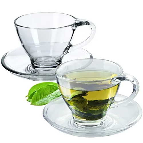 KADAX Kaffeetassen Set, 200ml, Teegläser mit Untertassen und Henkel, Tassen aus Glas für Kaffee, Tee, Cappuccino, Kaffeebecher, Teetassen (Hannah, 2 Stück)