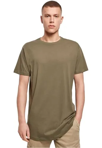 Build Your Brand Herren Shaped Long Tee – Langes T Shirt aus Baumwolle mit abgerundetem Saum im Streetwear Style für Alltag Freizeit und Casual Outfits,Olive,S