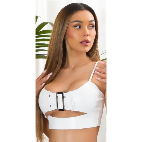 Damen Kunstleder Crop-Top mit Schnalle Weiß 34/36/38 #T1973