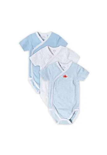 Stellou & friends Baby 100% Bio-Baumwoll Wickelbody 3er Set, kuschelweiche und hochwertige Kinder Kleidung für Jungs und Mädchen mit schönen Prints Kurzarm Blau 62-68