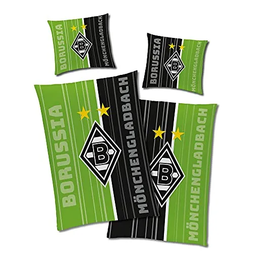 BERONAGE Borussia Mönchengladbach Wende-Bettwäsche Fohlen-Elf 135x200+80x80 - Bettwaren-Set für Kinder mit Glow in the Dark Effekt, aus 100% Baumwolle für optimalen Schlafkomfort und ein gesundes Schlafklima.