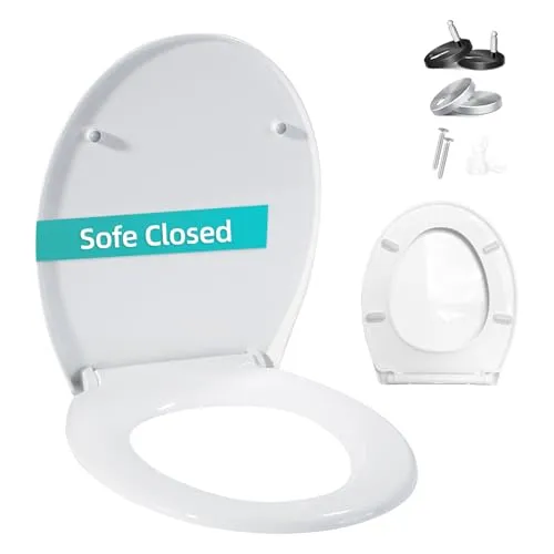 Toilettendeckel mit Absenkautomatik, WC Sitz mit Absenkautomatik, Klodeckel mit Quick Release Funktion, Antibakterielle Klobrille in O Form, Weiß Toilettensitz, bis 200 kg, Robuster Kunststoff