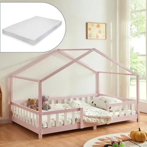Kinderbett 'Treviolo' 140x200cm mit Matratze und Rausfallschutz in Rosa/Weiß - Charmantes Kinderbett in Hausoptik aus Kiefernholz, ideal für Mädchen und Jungen. Inklusive bequemer Matratze für optimalen Schlafkomfort. Einfacher Aufbau und pflegeleichte Oberfläche für langanhaltende Freude.