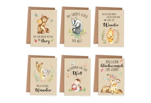 PAPIERDRACHEN Klappkarte 6 Glückwunschkarten zur Geburt - Baby Klappkarten mit Umschlag