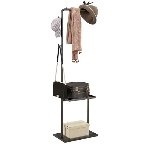 HOMCOM Garderobenständer mit Ablagen und Haken - Moderne Garderobe für Kleidung mit C-förmigem Design, das platzsparend in jede Ecke passt und eine robuste Stahlkonstruktion für hohe Stabilität bietet.