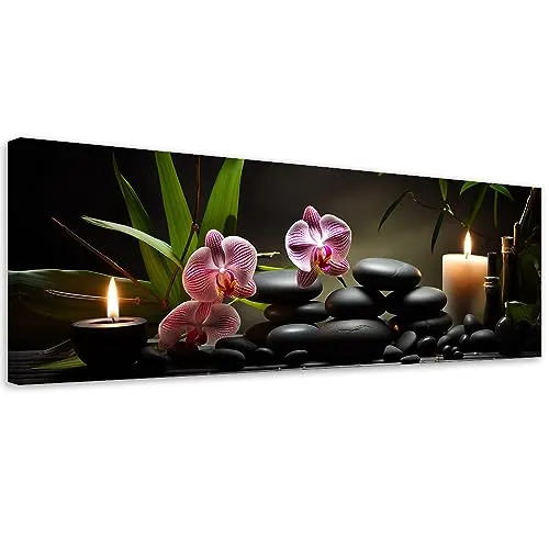 Feeby Bilder Orchidee Zen Spa 90x30 cm 1 tlg Modern Leinwandbilder Bild auf Leinwand Kunstdruck Wand Bild Wanddeko Design Schlafzimmer Büro Flur Hotel Spa Wohnzimmer Wasser Kerzen Steine Schwarz