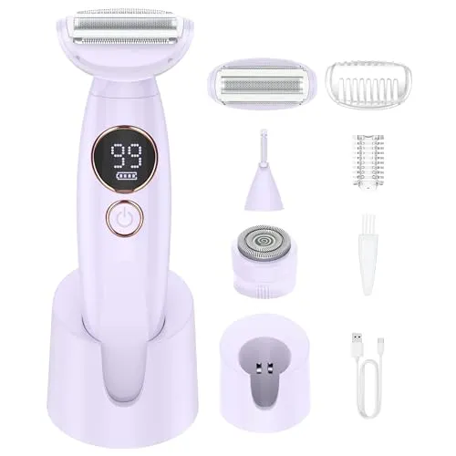 Rasierer Damen,3-In-1 Intimrasierer für Frauen,Gesichtshaarentferner für Frauen,Damenrasierer Elektrisch Nass-Trockenrasierer IPX7 Trimmer Damen, Lila