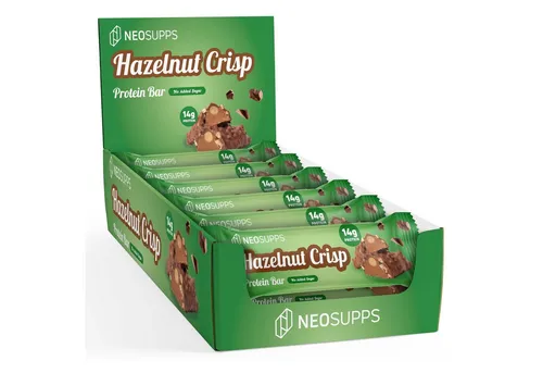 Neosupps Protein Bar - Hazelnut Crisp Riegel - Proteinriegel mit 14g Protein und nur 2g Zucker, ideal für den gesunden Snack zwischendurch. Weiche Konsistenz und knusprige Crispies bieten ein unvergleichliches Kauvergnügen.