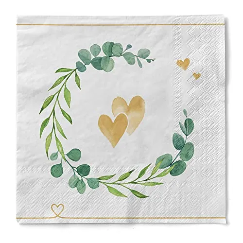 Sovie HORECA Serviette Eukalyptus/Herz aus Tissue 33 x 33 cm, 3-lagig, 100 Stück – elegante Hochzeitspapierservietten mit Eukalyptuskranz und goldenen Herzen auf Weiß