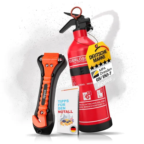 Feuerlöscher Auto 1kg + Nothammer mit Gurtschneider von lippus