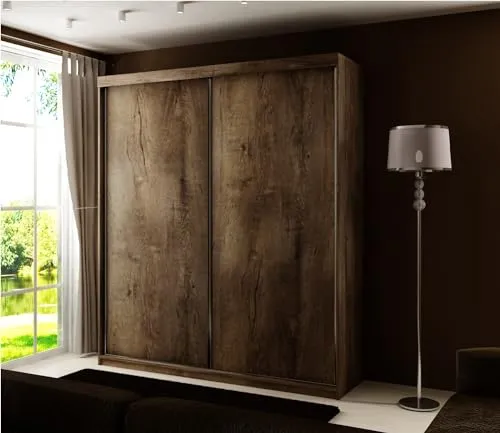 KIER FURNITURE Schiebegarderobe - Schrank Schlafzimmer – Schlafzimmerschrank – Wardrobe Bedroom – Kleiderschränke – Kleiderschrank Esche Dunkel – 150x200x62 cm