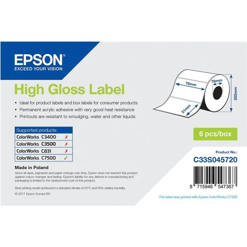 Epson High Gloss Label (C33S045720) - Hochwertige Etikettenrolle für Scanner und Drucker, ideal für brillante und langlebige Etiketten mit glänzender Oberfläche.