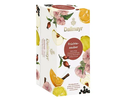DALLMAYR Tee Früchtezauber - 25 Aufgussbeutel - Früchtetee »Früchtezauber« - aromageschützt, ideal für kalte und heiße Zubereitung, mit fruchtigem Geschmack von Hagebutte, Zitrone, Orange und mehr. Perfekt für Teegenießer!