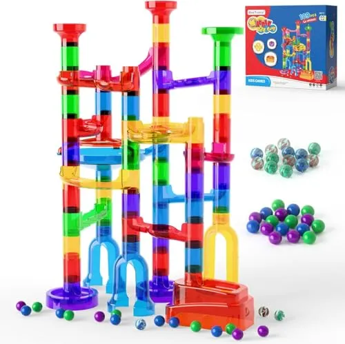 Murmelbahn Logikspiele Mehrfarbige kugelbahn 109 Stück transparent Bahnelementen und murmeln STEM Marble Rush Doppelspiel Spielzeug Geschenk für Kinder Jungen Mädchen ab 3-12 Jahre