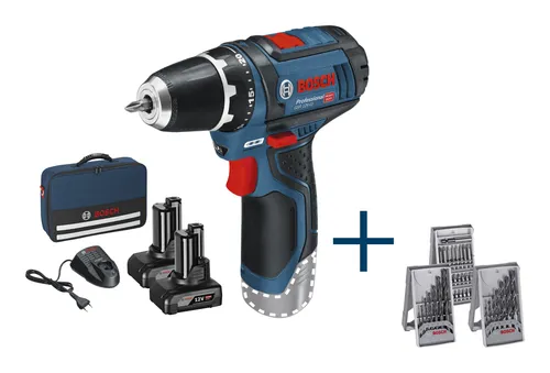 Bosch Professional GSR 12V-15 Akku-Bohrschrauber Set - Akkuschrauber-Set mit 2 leistungsstarken 12V Lithium-Ionen Akkus, ideal für präzise Arbeiten. Inklusive Koffer, Ladegerät und Bohrer-Bits für höchste Flexibilität.