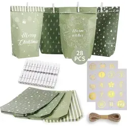 DIY Adventskalender Set 2024 - 28 Papier Weihnachtstüten in Grün - Adventskalender aus 28 umweltfreundlichen Tüten, ideal für kreative Geschenke und persönliche Überraschungen in der Vorweihnachtszeit.