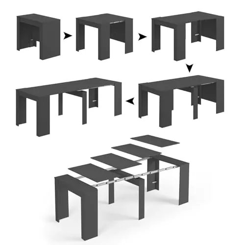 Dmora Ausziehbarer Tisch Compton - Esszimmertisch mit Mehrzweckverlängerungen für bis zu 10 Sitzplätze, ideal für kleine Räume und gesellige Zusammenkünfte, in modernem Anthrazit.