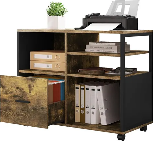 Woltu Aktenschrank mit Rollen und Schublade – Vintage-Braun - Flexibler Büroschrank mit 5 Rollen für einfache Mobilität. Robuste Konstruktion aus E1-Holzwerkstoff und Metall, bietet viel Stauraum für Dokumente und Büromaterialien.