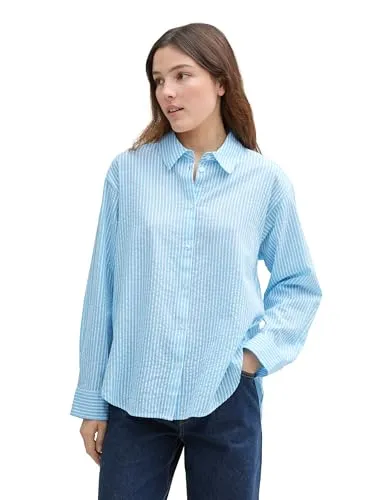 TOM TAILOR DENIM Damen Loose Fit Seersucker Hemdbluse