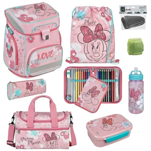 Familando Mädchen Schulranzen 1. Klasse - Scooli Easy FIT mit Disney Minnie Maus - 9-teiliges Schulranzen-Set für Mädchen, ergonomisch und leicht mit 18 Litern Volumen, ideal für die Einschulung und den täglichen Schulgebrauch.