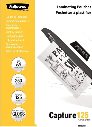Fellowes Laminierfolien 53149, DIN A4, 125 mic, glänzend - Laminierfolien für A4-Dokumente, schützen vor Schmutz und Feuchtigkeit. Mit hochglänzender Oberfläche für brillante Farben. Großpackung mit 250 Stück, ideal für Büro und Schule.