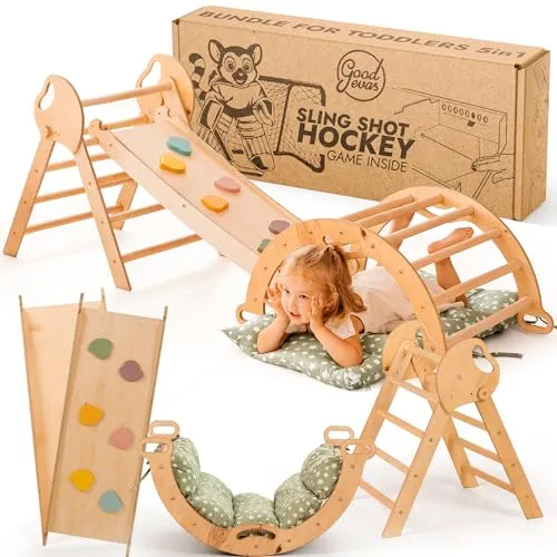 Goodevas Klettergerüst 5-in-1 Montessori Holz-Kletter-Set - Vielseitiges Klettergerüst für Kinder von 1-3 Jahren, aus hochwertigem Holz gefertigt und fördert spielerisch Kreativität und motorische Fähigkeiten.