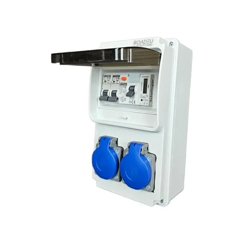 RoadEu - Stromverteiler 230V mit Zähler, 2x Schuko, Steckdosenverteiler mit Fi Schutzschalter 40A und 2x Leistungsschalter C16A - Baustromverteiler IP44. Digitaler Stromzähler Hutschiene