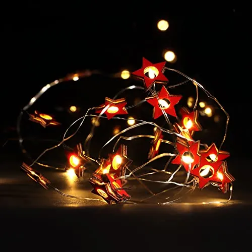 com-four® LED Lichterkette mit Timer - energiesparende Weihnachtsbeleuchtung - Lichterkette mit 20 LED-Sterne aus Holz - Weihnachtdekoration für Innen (01 Stück - 20 LEDs Sterne)