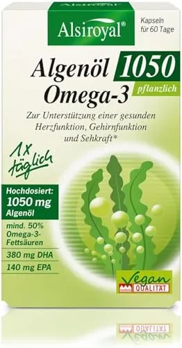 Alsiroyal 1050 mg Algenöl Omega-3 - Hochwertige pflanzliche Omega-3-Quelle - Nahrungsergänzungsmittel mit 1050 mg Algenöl pro Portion, unterstützt die Herzgesundheit und ist ideal für Veganer.