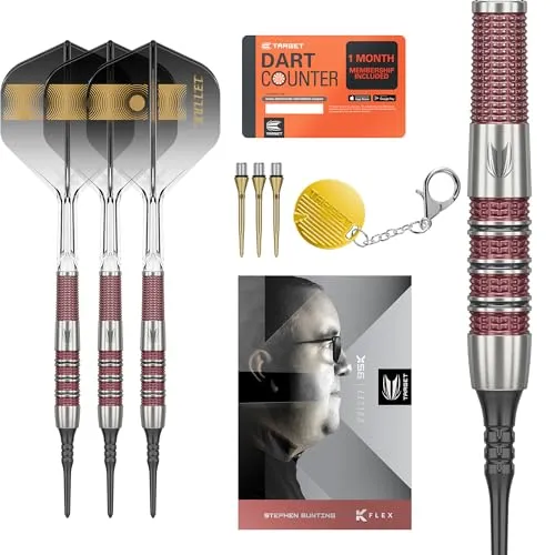 Target Darts Stephen Bunting 95K Softdart-Set, 19 g | K-Flex-Flights und -Schäfte, The Bullet“ Player-Edition-Darts aus 95% Wolfram, Nano Swiss-Steel-Conversion-Points und hochwertiges SP Tool