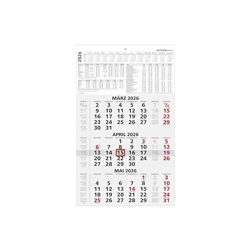Zettler 3-Monatskalender schwarz/rot 2026 – Wandkalender 30 × 49 cm, 3 Monate pro Blatt mit Datumschieber, Jahresübersicht, Ferien, Wochenzählung, Kopftafel 15 cm, perforiert, Kalendarium deutsch