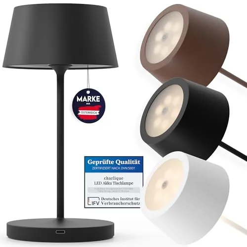 charlique® LED Tischlampe kabellos (schwarz) - Dinner Light 24 cm - Premium Akku Tischleuchte mit USB, für innen und außen, warmes Licht - wetterfest für Balkon, Terrasse & Garten