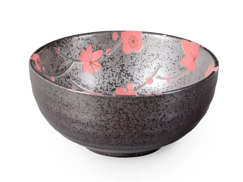 Matcha Schale / Teeschale 250ml aus Keramik, anthrazit/rot, Blütenmuster