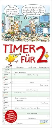 Familienplaner 2026: Timer für 2 mit Tier-Comics von Korsch Verlag