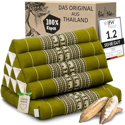 livasia Thaikissen mit 1 Auflage - Handgefertigtes Dreieckskissen für Entspannung (Grün/Elefanten) - VIELSEITIG UND PLATZSPAREND: Das handgefertigte Thaikissen mit klappbarem Sitzkissen ist ideal für Yoga, Meditation oder entspannte Stunden im Garten. Mit nachhaltiger Kapok-Füllung und robustem Baumwollbezug für langanhaltenden Komfort.