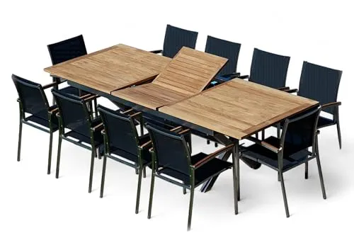 ALEOS. Gartengarnitur Edelstahl Teak Set: Ausziehtisch 200-260x100 cm + 10 Sessel stapelbar Edelstahl Gewebe schwarz Sitzgruppe A-Grade Teakholz - Gartenmöbel Set 10 Personen Gastro Qualität