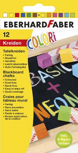 Eberhard Faber 526012 - Tafelkreide Colori, 12 Stück in leuchtenden Basic- und Neon-Farben, staubfrei und ideal für kreative Projekte