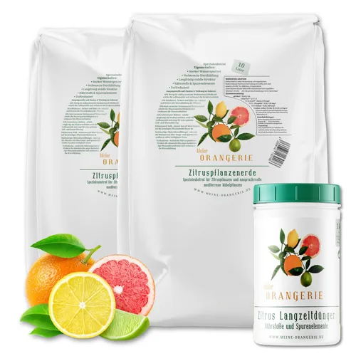 Meine Orangerie Zitrus-Umtopf-Paket - Beste Zitruserde [20l] + Zitrus-Langzeitdünger [1kg] - für kinderleichte Zitruspflanzen-Pflege