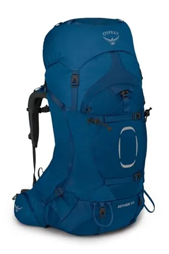 Osprey Aether 65 Herren Rucksack - Blau - S/M - Ideal für Trekking und Wandern, der Osprey Aether 65 Rucksack bietet optimalen Tragekomfort für schwere Lasten und ist der perfekte Begleiter für Ihre Abenteuer.