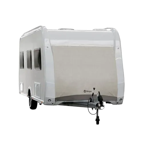 BERGER Wohnwagen Bugschutzplane | Verschiedene Größen | Atmungsaktive Abdeckplane mit Einzugskeder & Ösen | Schutz vor EIS, Schnee & Zugluft | Hochwertiges Tyvek-Material (240 x 200 cm)