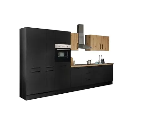 Stella Trading Turin ZB Küchenzeile 370 x 211 x 60 cm, schwarz - Moderne Winkelküche in Artisan-Eiche Optik - MODERN - Die elegante Kombination aus mattem Schwarz und Artisan Eiche Optik sorgt für ein harmonisches Ambiente. VIEL STAURAUM - Clever gestaltete Fächer bieten viel Platz für Küchenutensilien. EINFACHE MONTAGE - Schnell und unkompliziert dank detaillierter Anleitung.