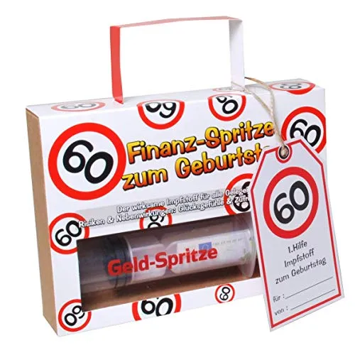 Udo Schmidt Finanzspritze Deko Spritze zum Befüllen mit Geld zum 60. Geburtstag, ca. 17,5 cm lang, Karton, Kunststoff, Nicht steril, 1 Stück