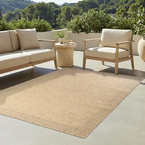 TAPISO Yucana Teppich Outdoor Flachgewebe Robust UV-beständig Wetterfest In-& Outdoor Teppich Balkon Terrasse Garten Küchenteppich Creme Beige Rahmen Modern 80 x 150 cm