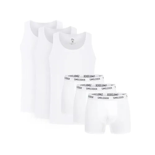 SMILODOX Herren Unterhemd & Boxershorts Set – Atmungsaktives Tanktop und Boxershorts, Größe S, Weiß