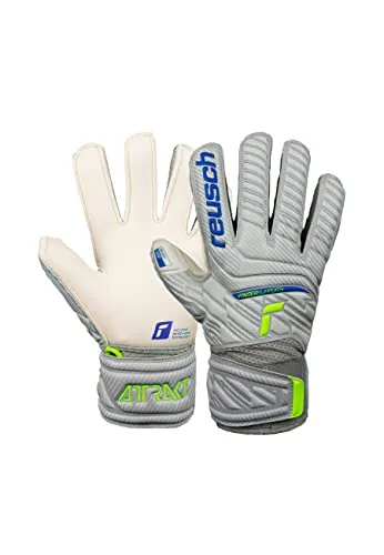 Reusch Unisex Torwarthandschuhe Attrakt Grip Finger Junior - Torwarthandschuhe mit hochwertigem Naturlatex für optimale Griffigkeit und Haltbarkeit. Ideal für alle Spielfeldoberflächen und Wetterbedingungen, mit Fingerprotektionsstäben für erhöhte Sicherheit.